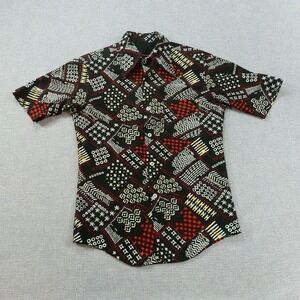 Vintage 70s Hand‎ Made Disco Geometric Short Sleeve Button Up Short Size Small